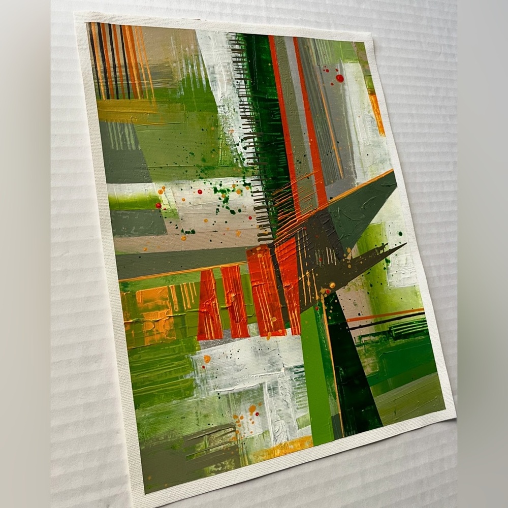 Acrylic painting green and orange abstract artwork